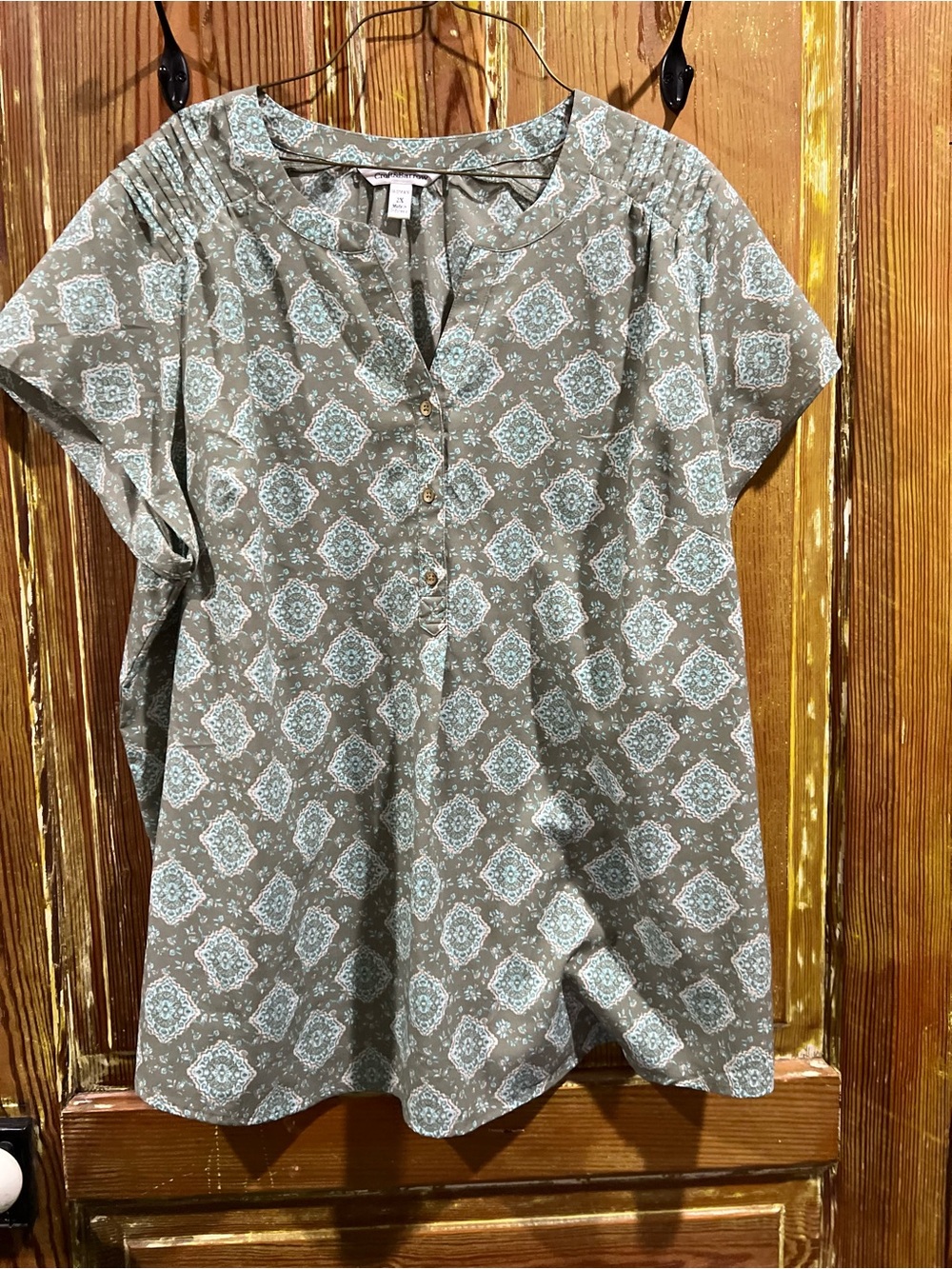 croft & barrow Green Printed Short Sleeve Blouse